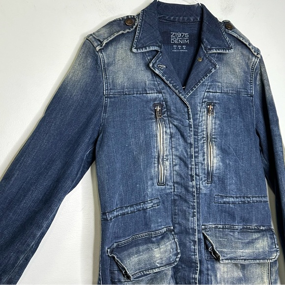 Zara Women’s Blue Distressed Denim Leather Elbow Patches Drawstring Jacket S - Picture 4 of 15